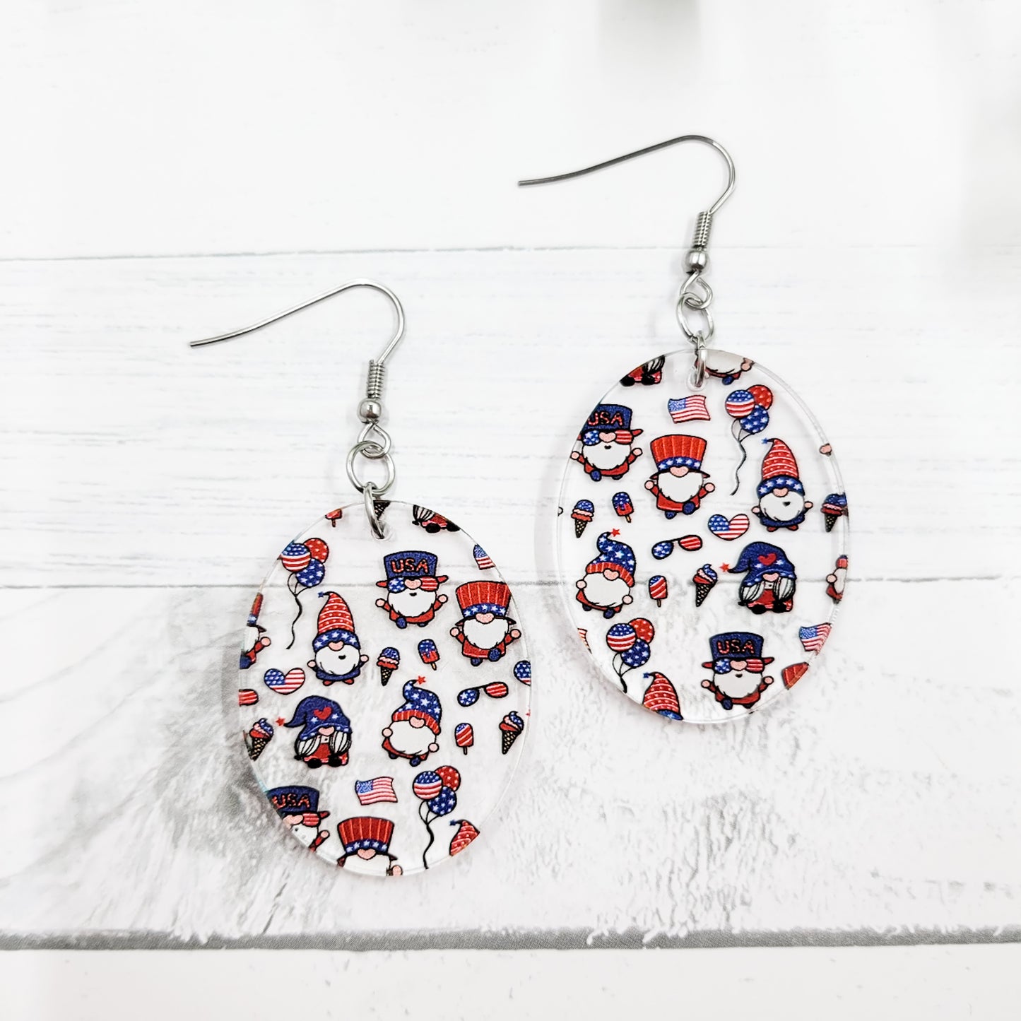 Patriotic Gnomes Acrylic Oval Dangle Earrings