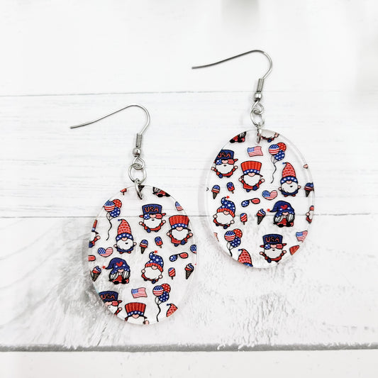 Patriotic Gnomes Acrylic Oval Dangle Earrings