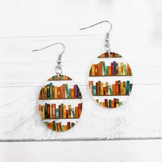 Bookshelf Of Books Acrylic Oval Dangle Earrings