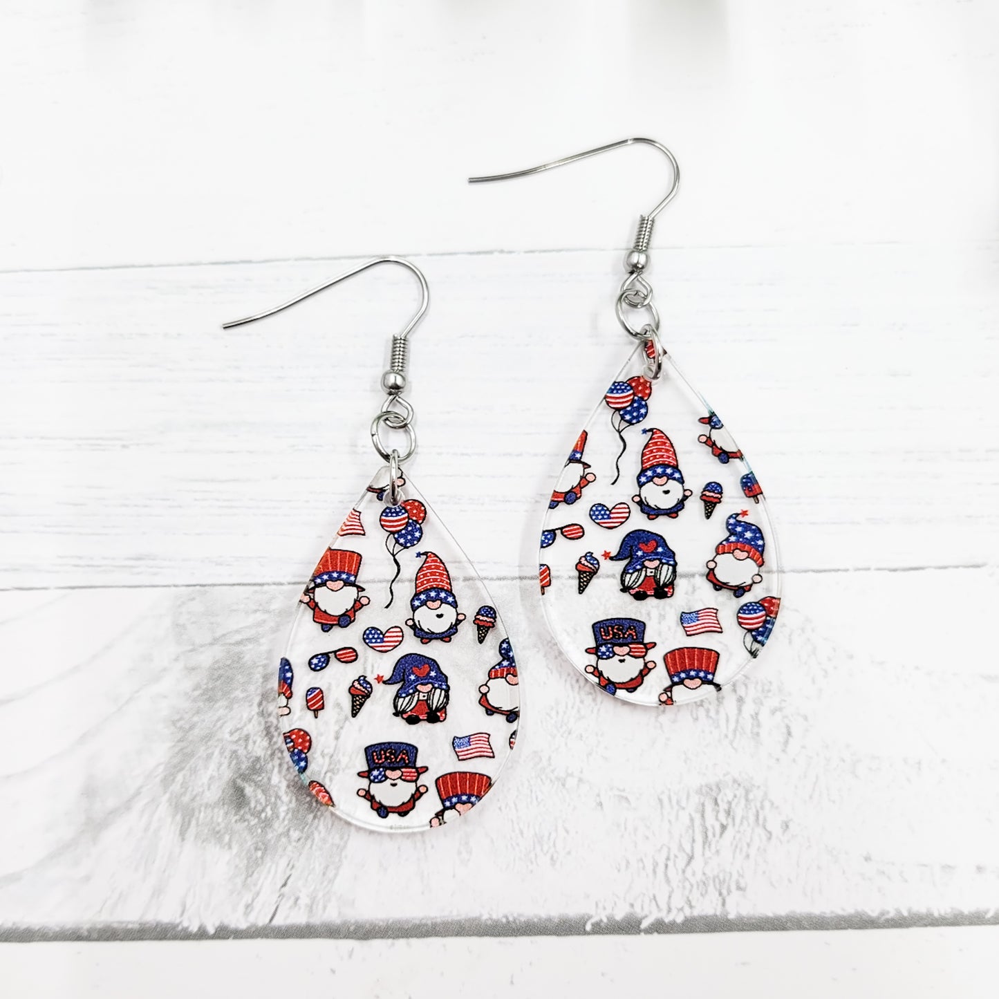 Patriotic Gnomes Acrylic Teardrop Dangle Earrings