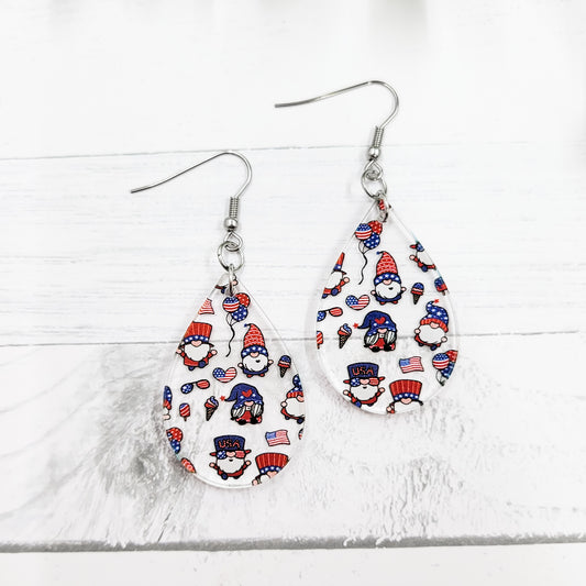 Patriotic Gnomes Acrylic Teardrop Dangle Earrings