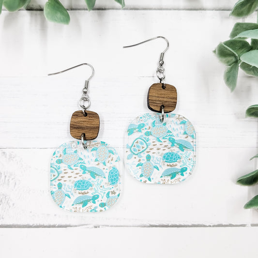 Sea Turtles Acrylic + Wood Square  Dangle Earrings