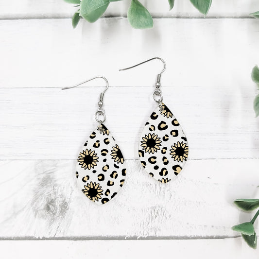 Leopard Sunflowers Acrylic Pointed Teardrop Dangle Earrings