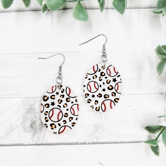 Leopard Baseballs Acrylic Oval Dangle Earrings