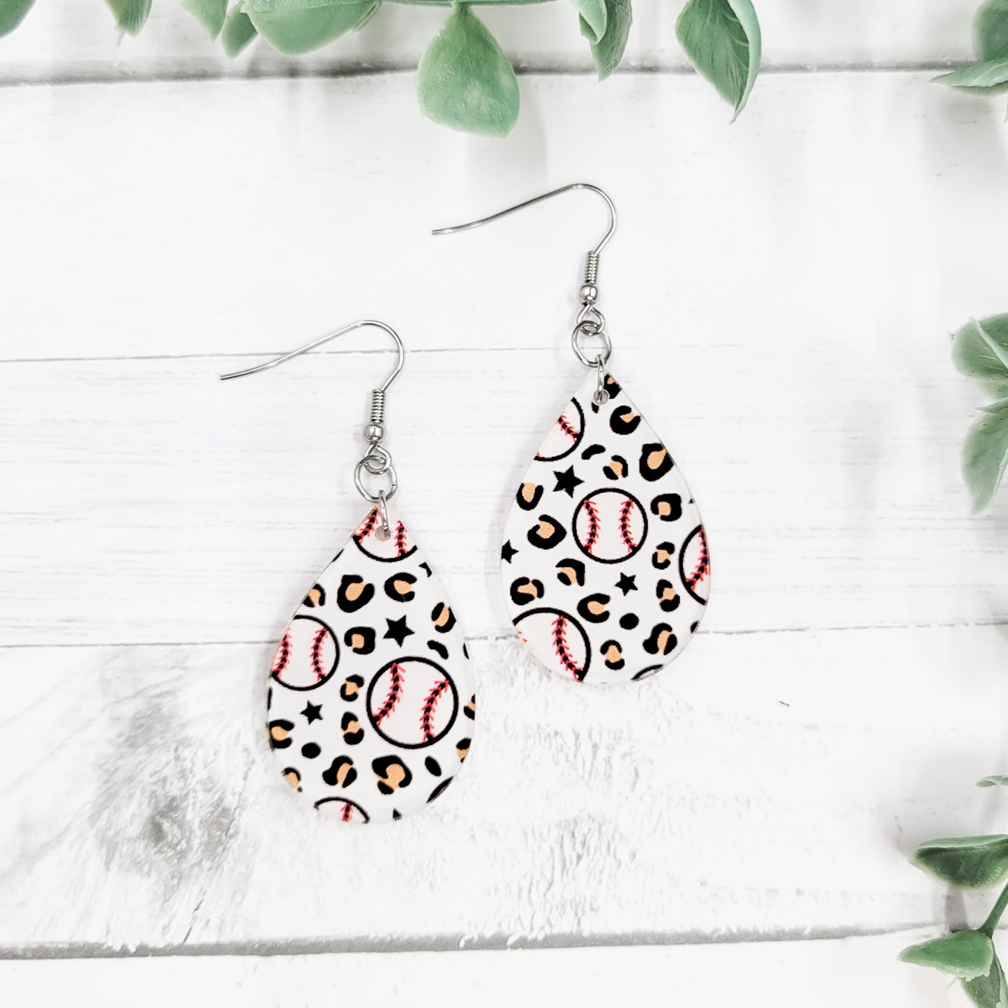 Leopard Baseballs Acrylic Teardrop Dangle Earrings
