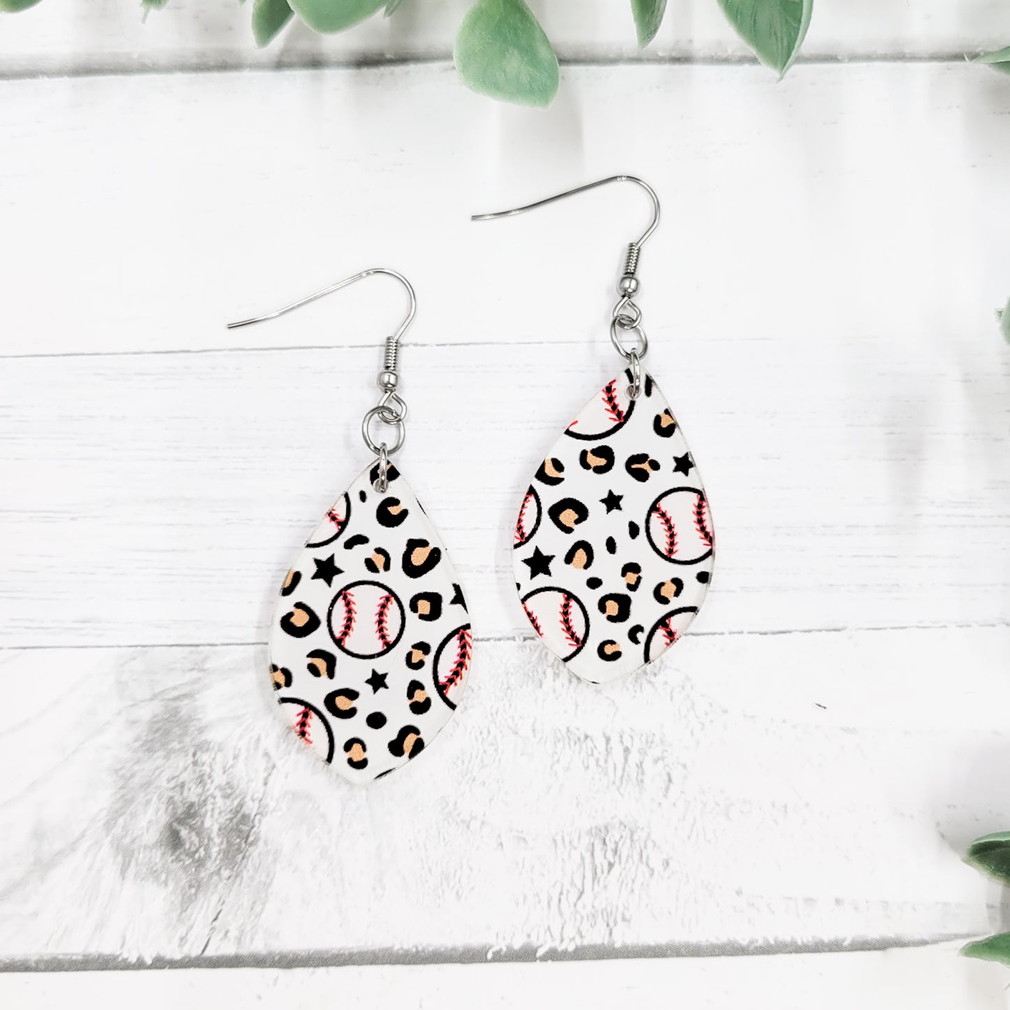 Leopard Baseballs Acrylic Pointed Teardrop Dangle Earrings