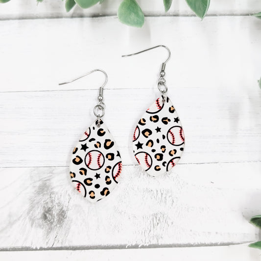 Leopard Baseballs Acrylic Pointed Teardrop Dangle Earrings