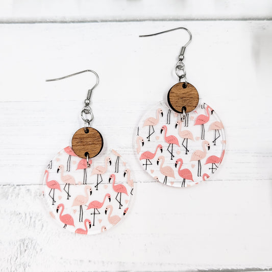 Pink Flamingos Acrylic Semi Circle Dangle Earrings