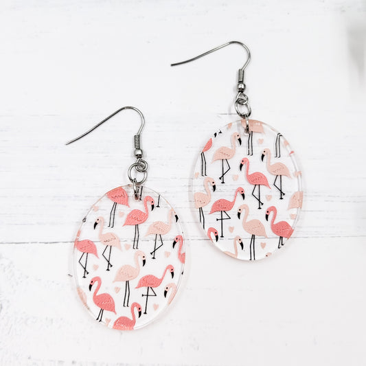 Pink Flamingos Acrylic Oval Dangle Earrings