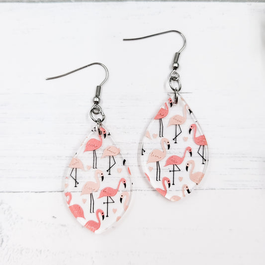 Pink Flamingos Acrylic Pointed Teardrop Dangle Earrings