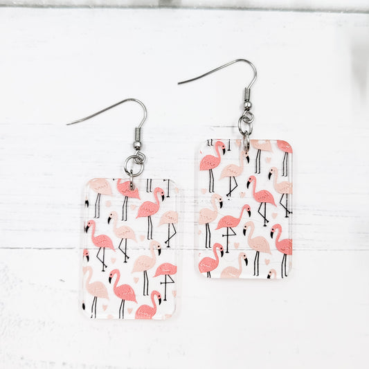 Pink Flamingos Acrylic Rectangle  Dangle Earrings