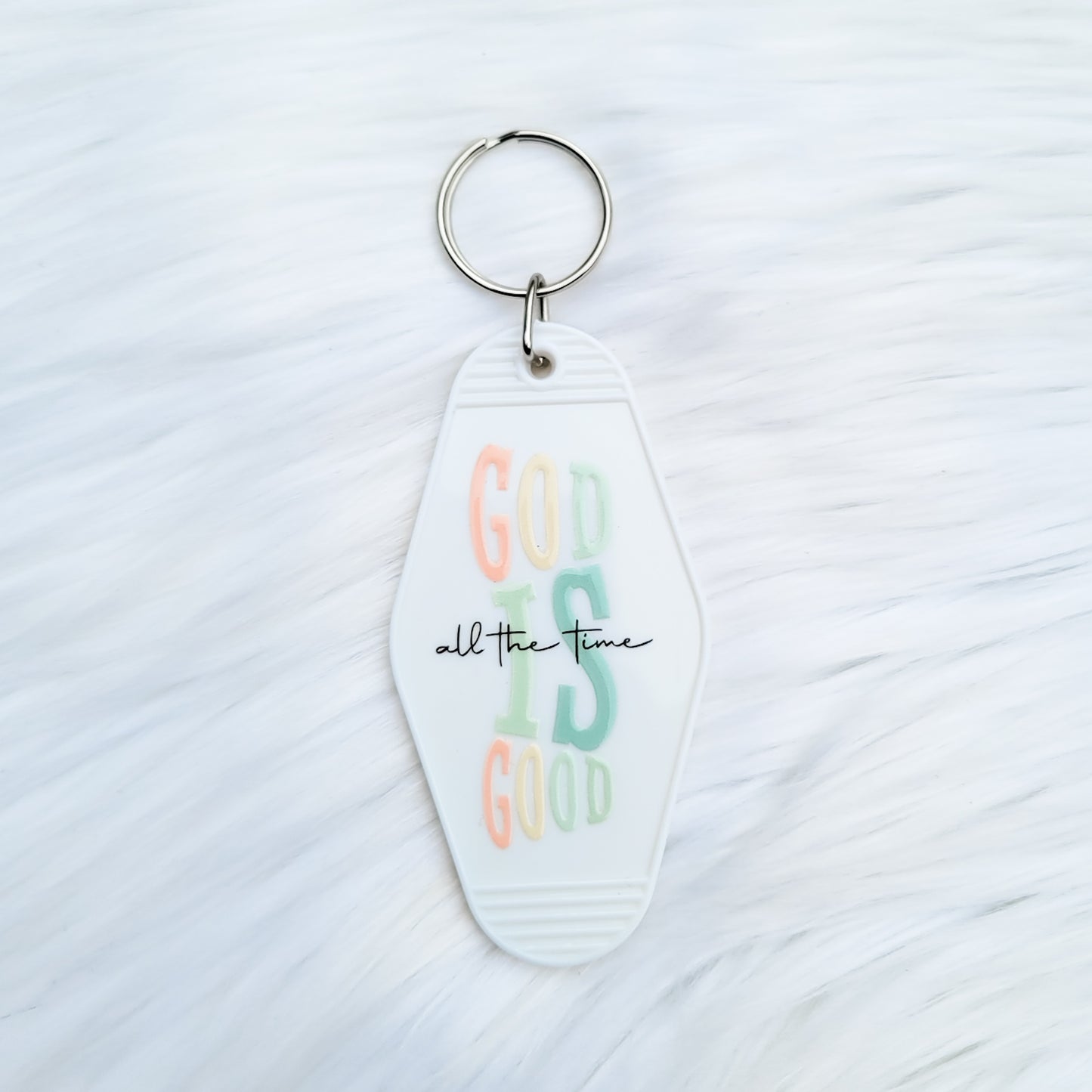 God Is Good White Hotel Style Keychain