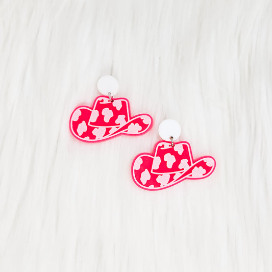 Cow Print Cowgirl Hat Hot Pink Engraved Acrylic Stud Earrings