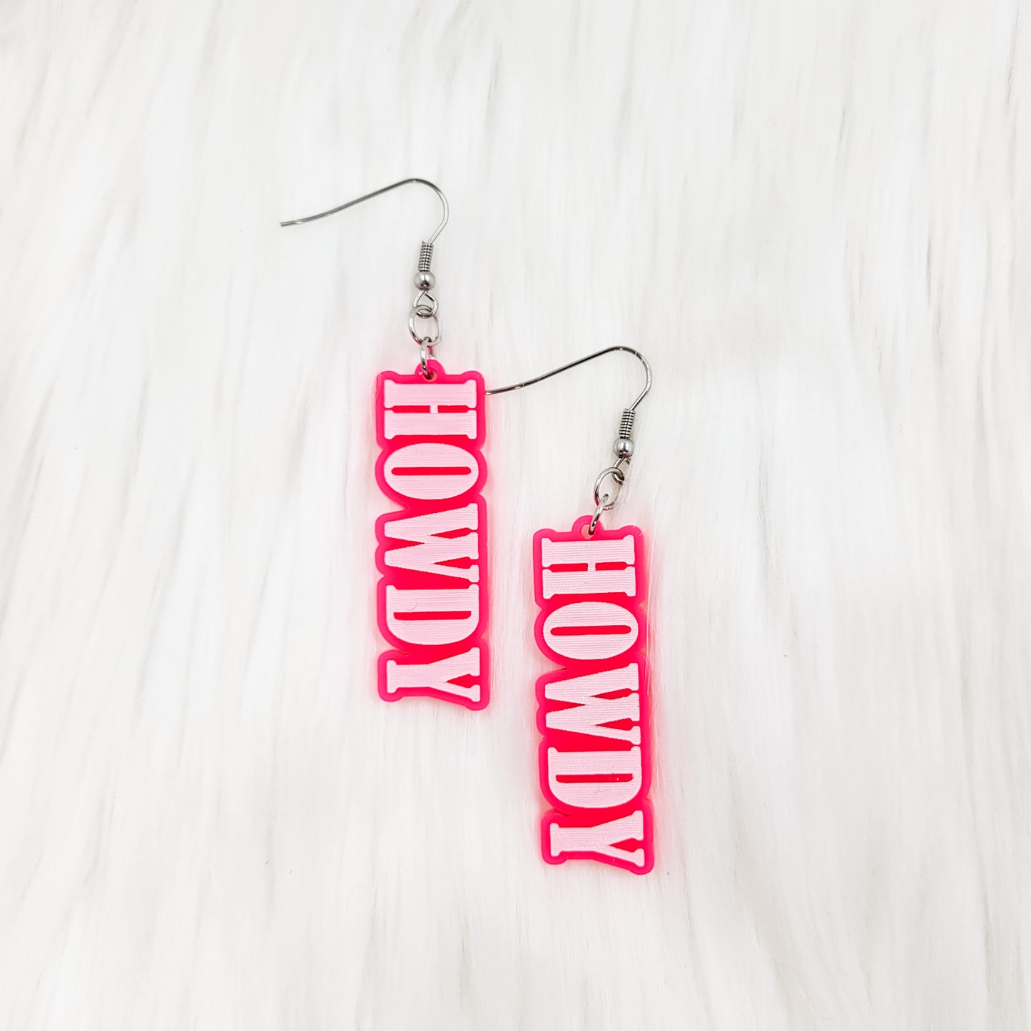 Howdy Hot Pink Engraved Acrylic Dangle Earrings