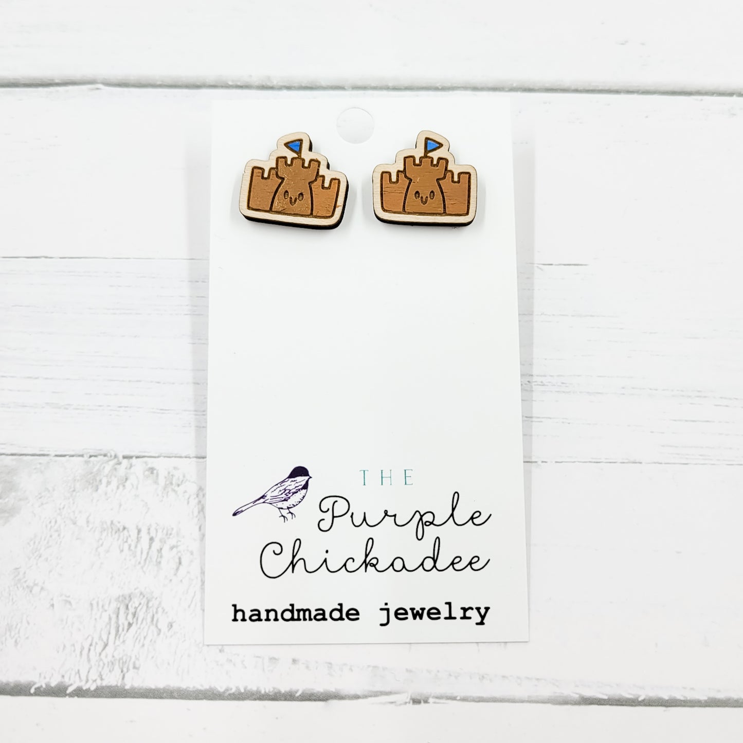 Kawaii Sand Castle Handpainted Wooden Stud Earrings