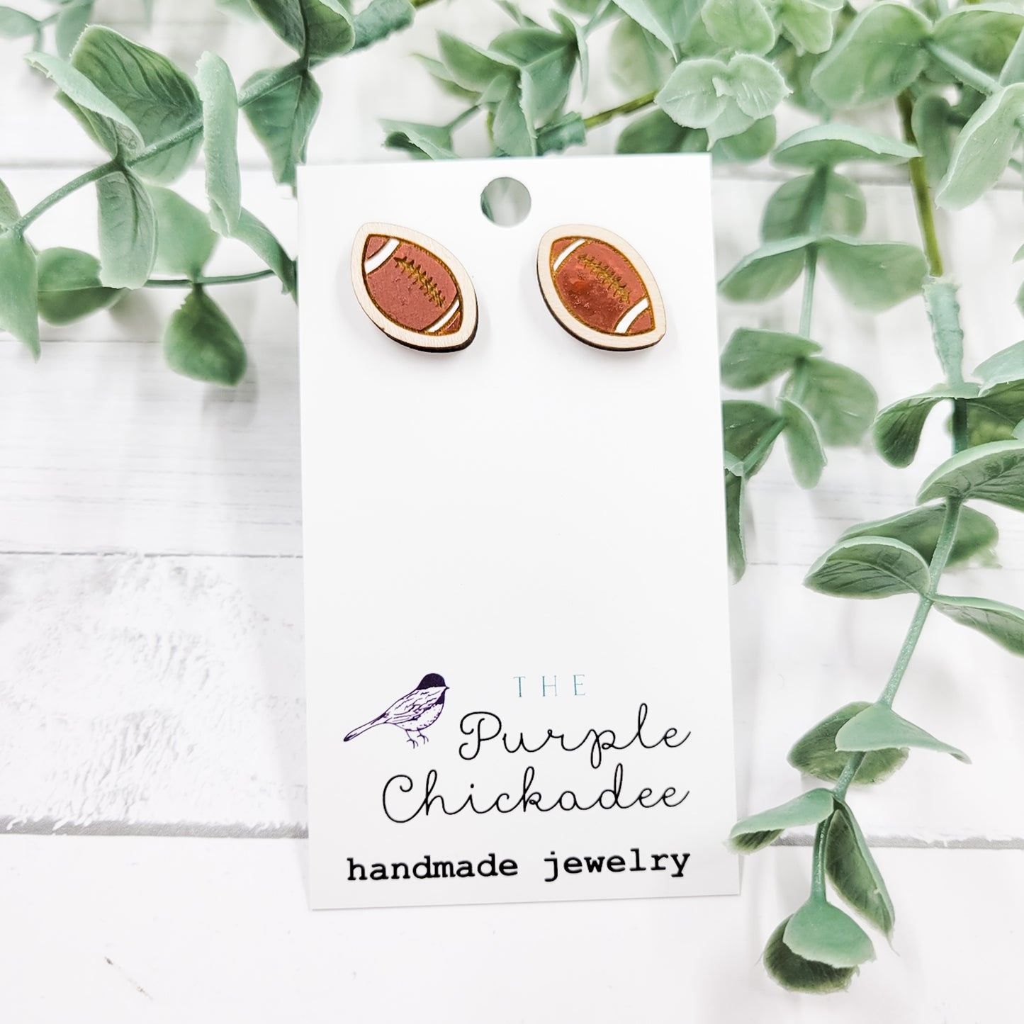 Football Handpainted Wooden Stud Earrings