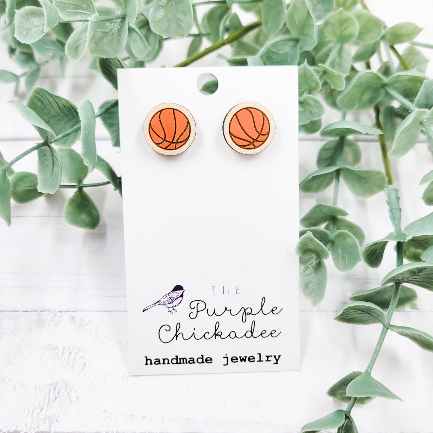 Basketball Handpainted Wooden Stud Earrings