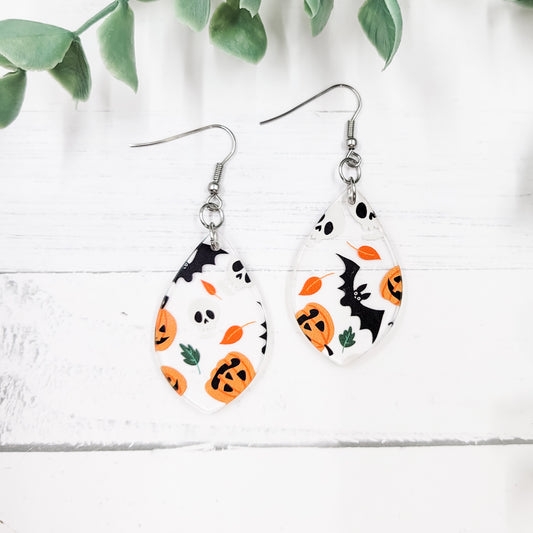 Bats, Pumpkins & Skulls Acrylic Pointed Teardrop Dangle Earrings