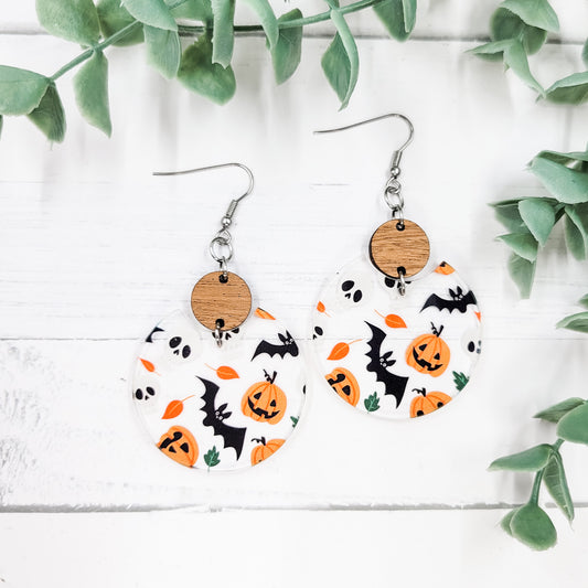 Bats, Pumpkins, & Skulls Acrylic Semi Circle Dangle Earrings