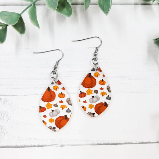 Orange & Grey Pumpkins Acrylic Pointed Teardrop Dangle Earrings