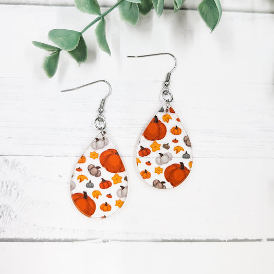 Orange & Grey Pumpkins Acrylic Teardrop Dangle Earrings