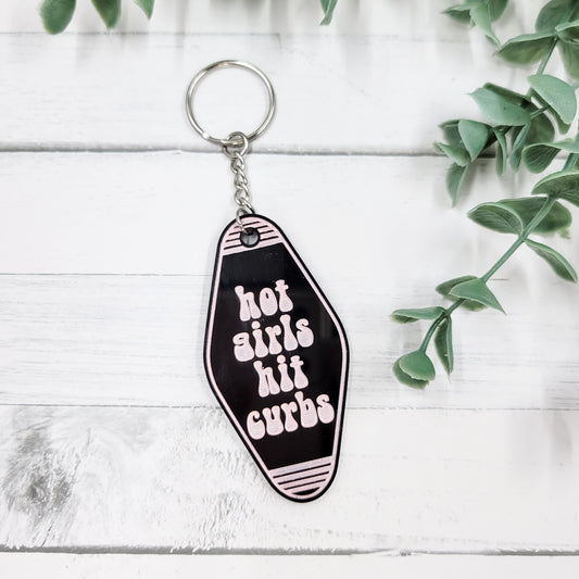 Hot Girls Hit Curbs Black & Pink Hotel Keychain