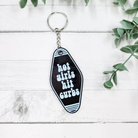 Hot Girls Hit Curbs Black & Light Blue Hotel Keychain