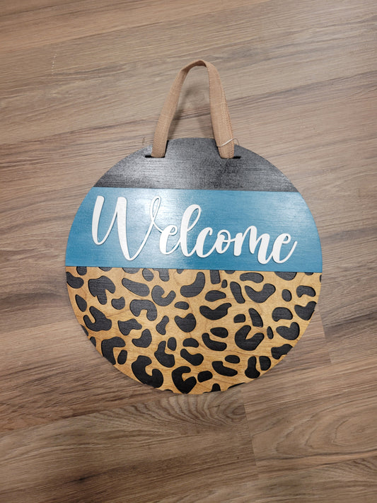 16" Teal Leopard Welcome Round Wooden Door Hanger
