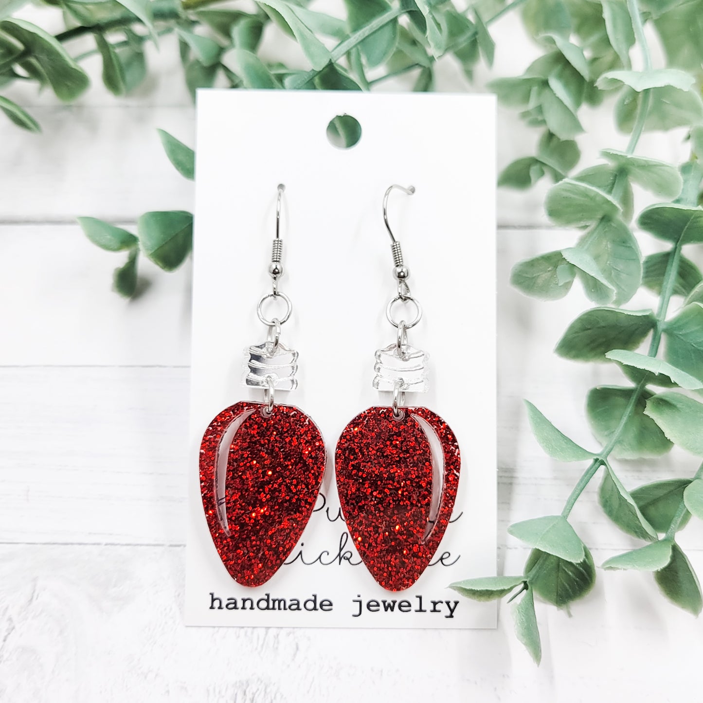 Red Glitter Christmas Bulb Acrylic Dangle Earrings