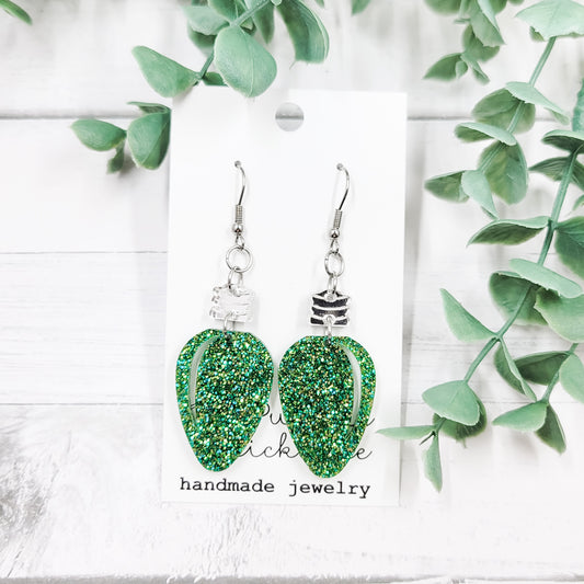Green Glitter Christmas Bulb Acrylic Dangle Earrings