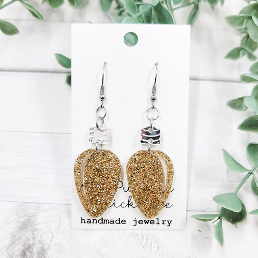 Gold Glitter Christmas Bulb Acrylic Dangle Earrings
