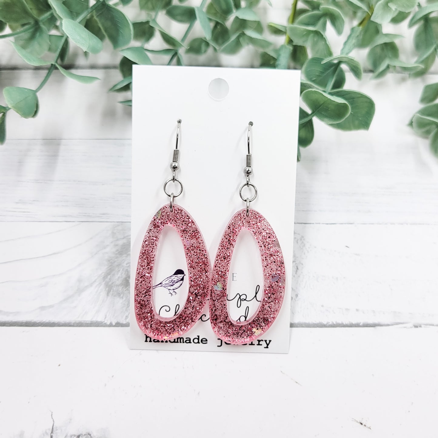 Glitter Pink Hearts Abstract Oval Dangle Earrings