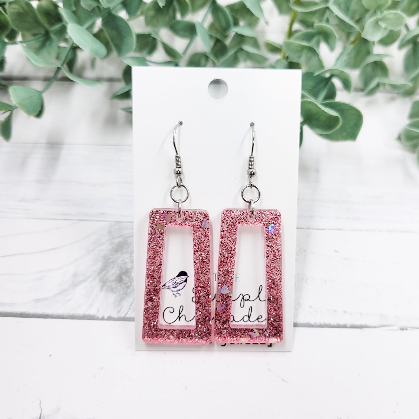 Glitter Pink Hearts Open Rectangle Dangle Earrings