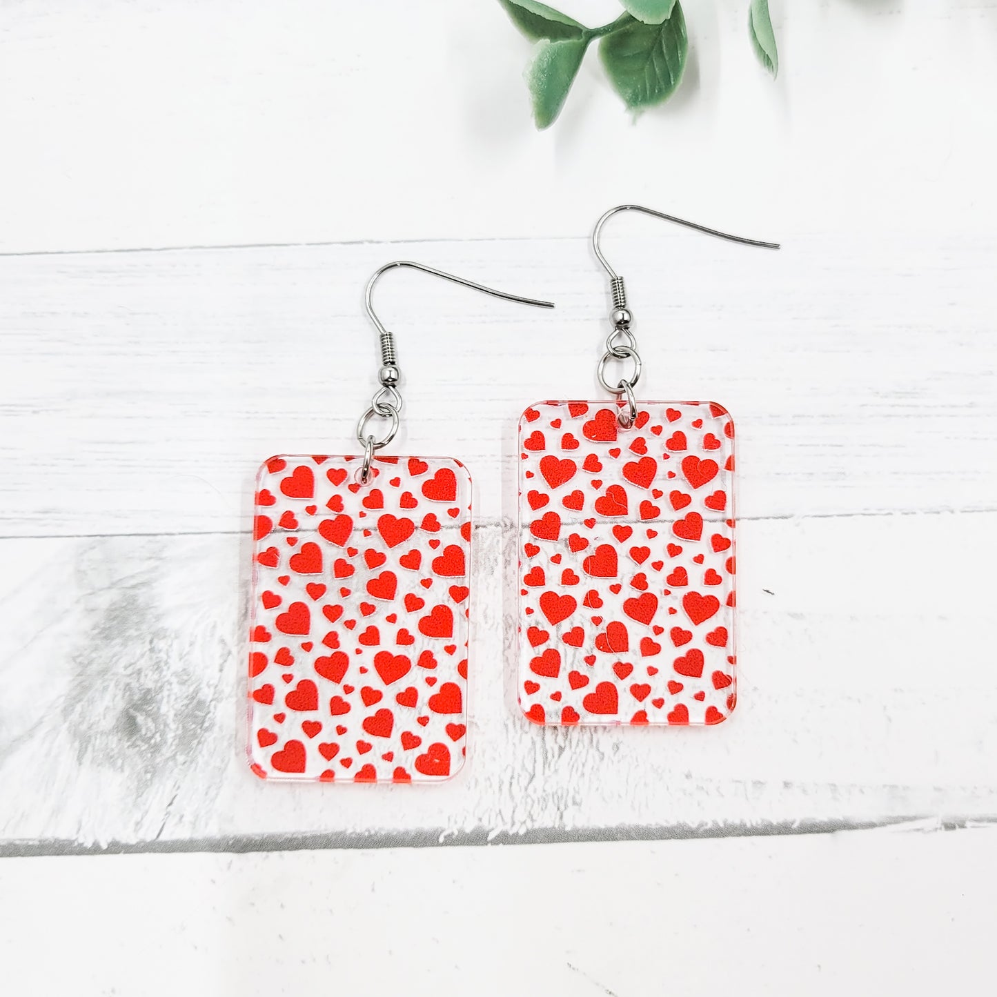 Mini Red Hearts Acrylic Rectangle Dangle Earrings