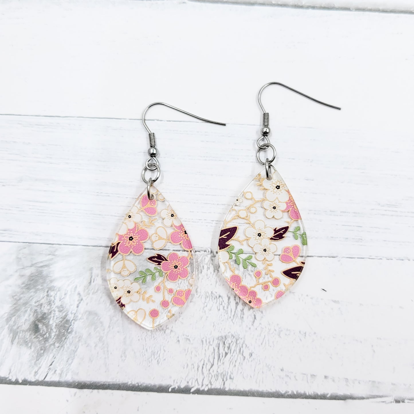 Pink Cherry Blossoms Acrylic Pointed Teardrop Dangle Earrings