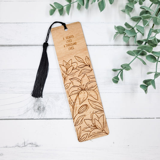 A Reader Lives A Thousand Lives Floral Wooden Bookmark