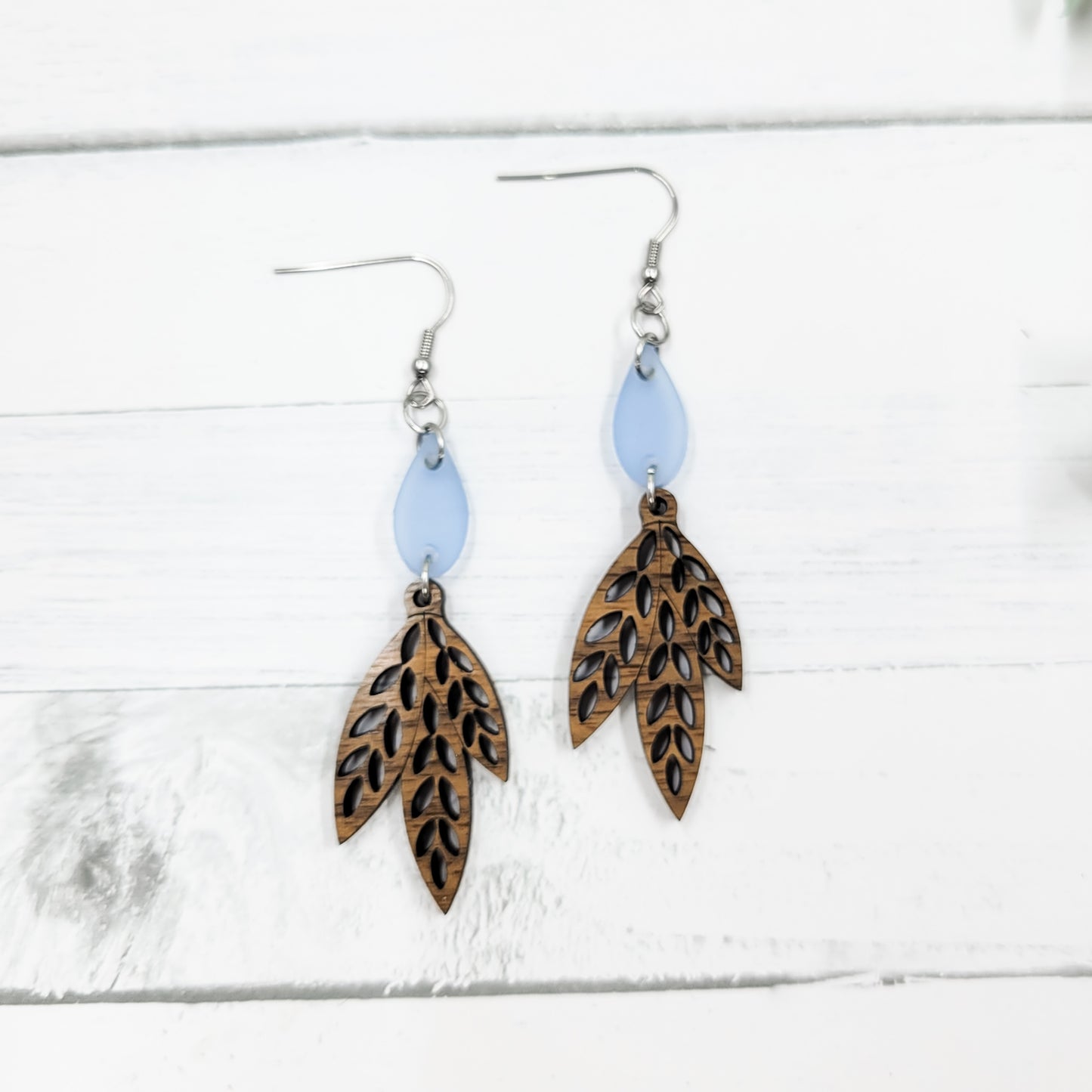 Walnut Cut Out Leaf Blue Gem Wooden Earrings