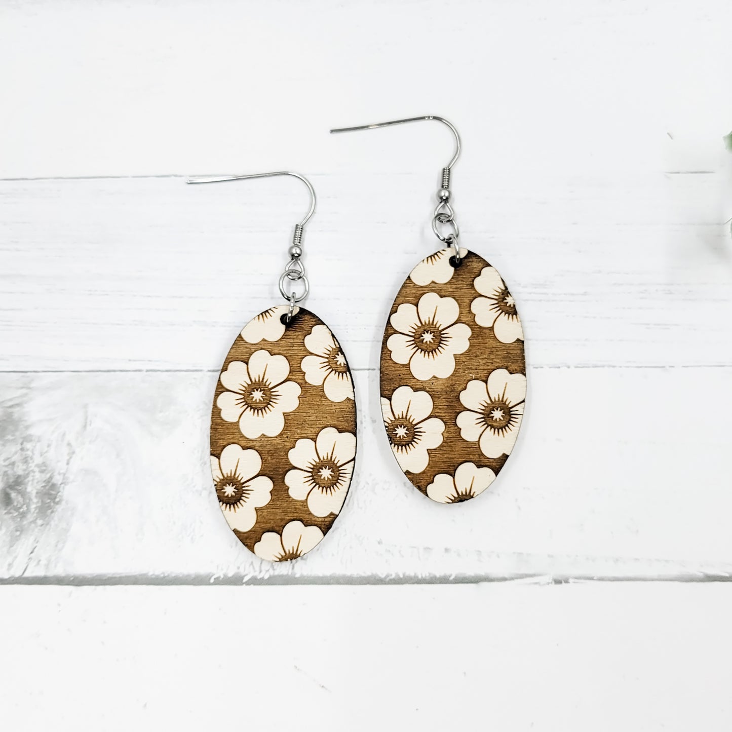 Floral Engraved Oval Wooden Earrings