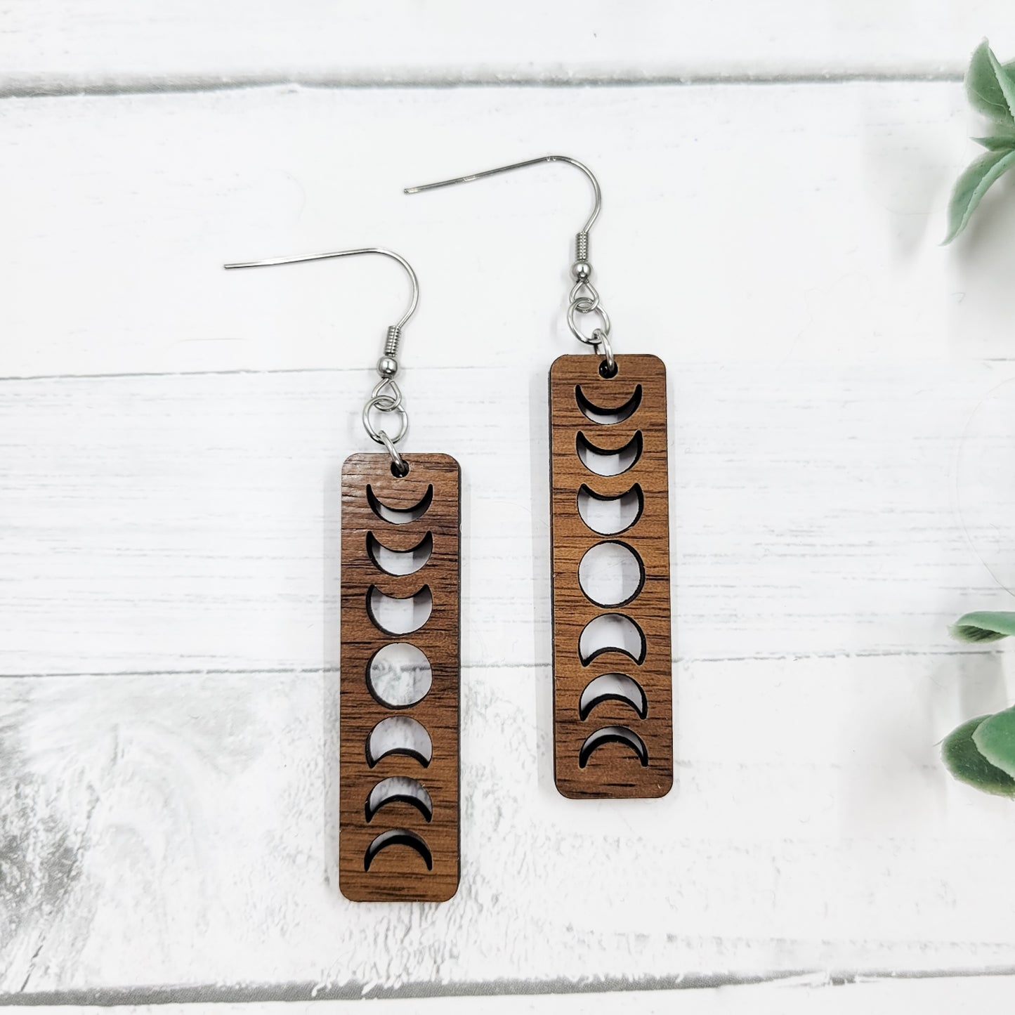 Moon Phases Bar Wooden Dangle Earrings - Celestial Jewelry - Astrology