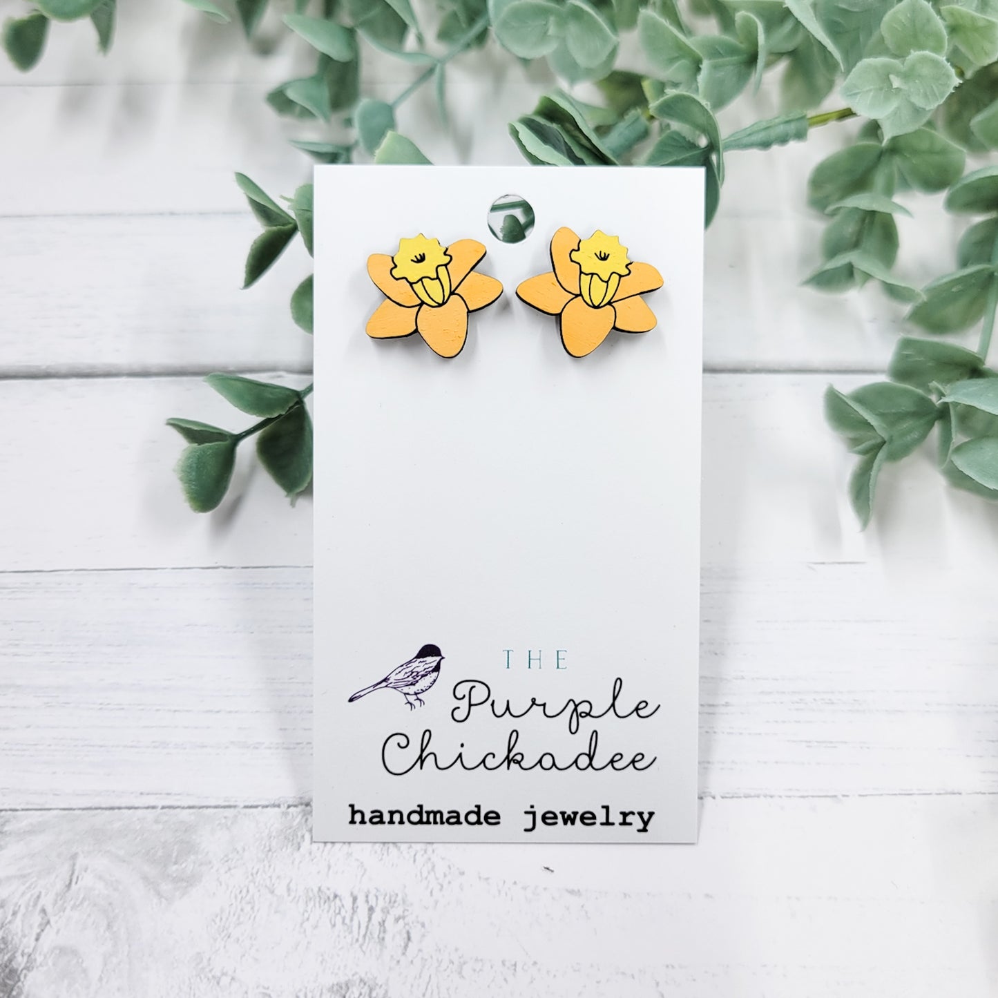 Orange & Yellow Daffodil Handpainted Wooden Stud Earrings