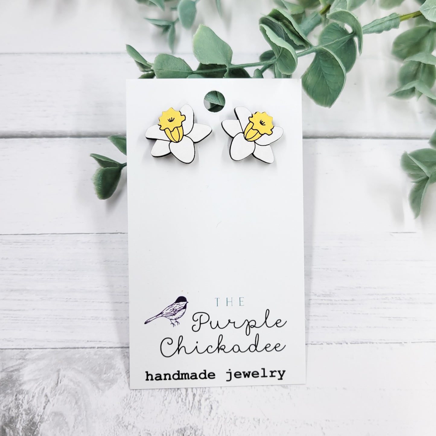 White & Yellow Daffodil Handpainted Wooden Stud Earrings