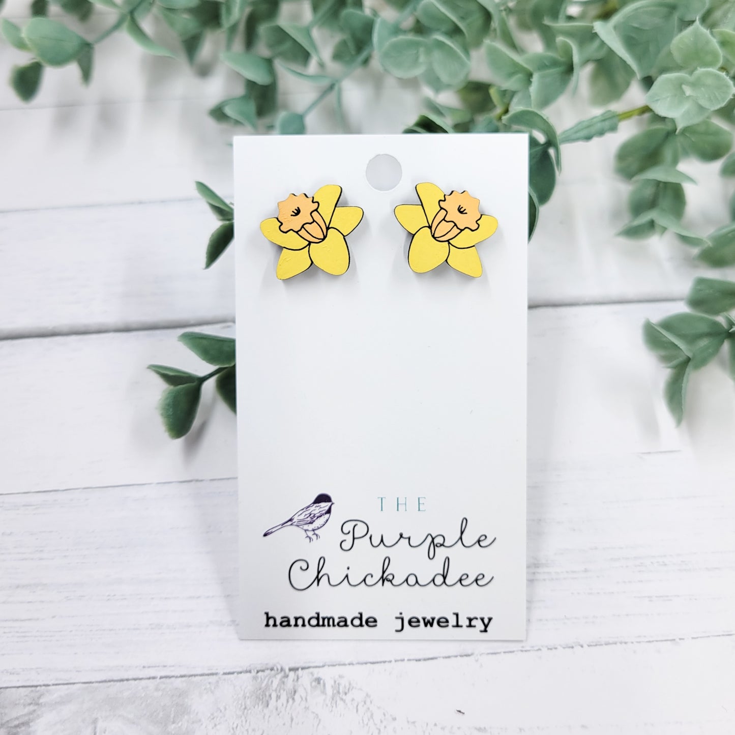 Yellow & Orange Daffodil Handpainted Wooden Stud Earrings