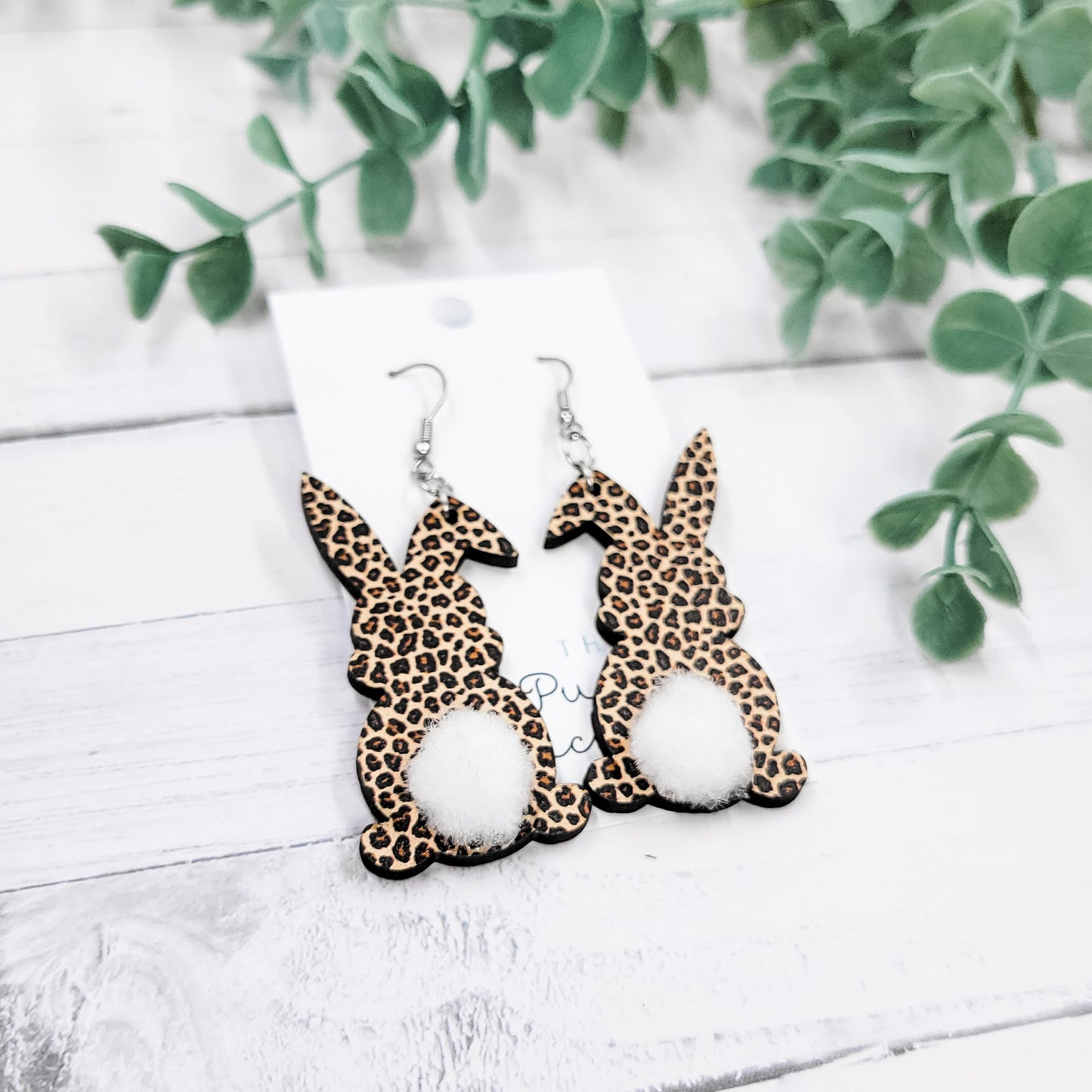 Leopard Fuzzy Bunny Bums Wooden Earrings