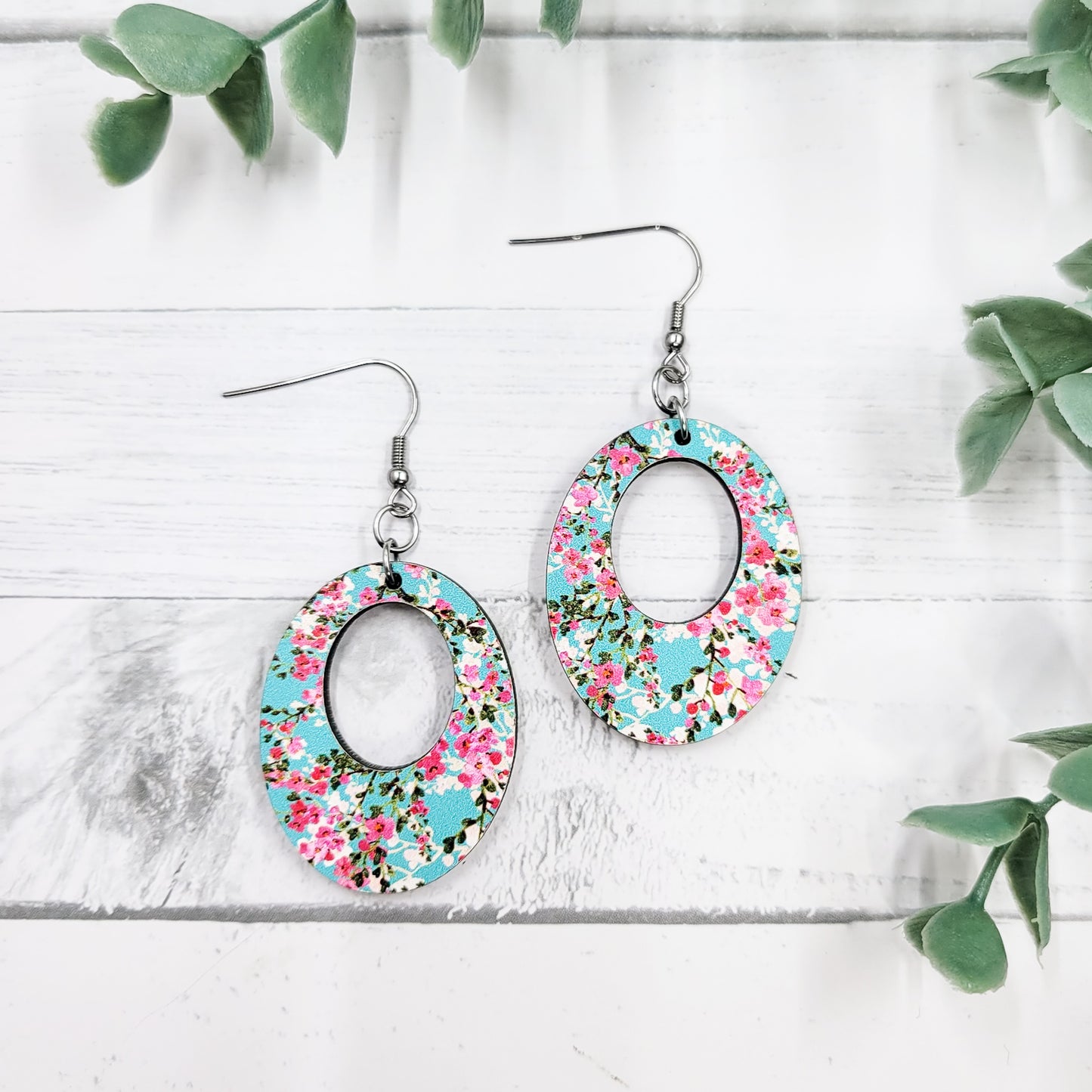 Cherry Blossoms Open Oval Wooden Dangle Earrings