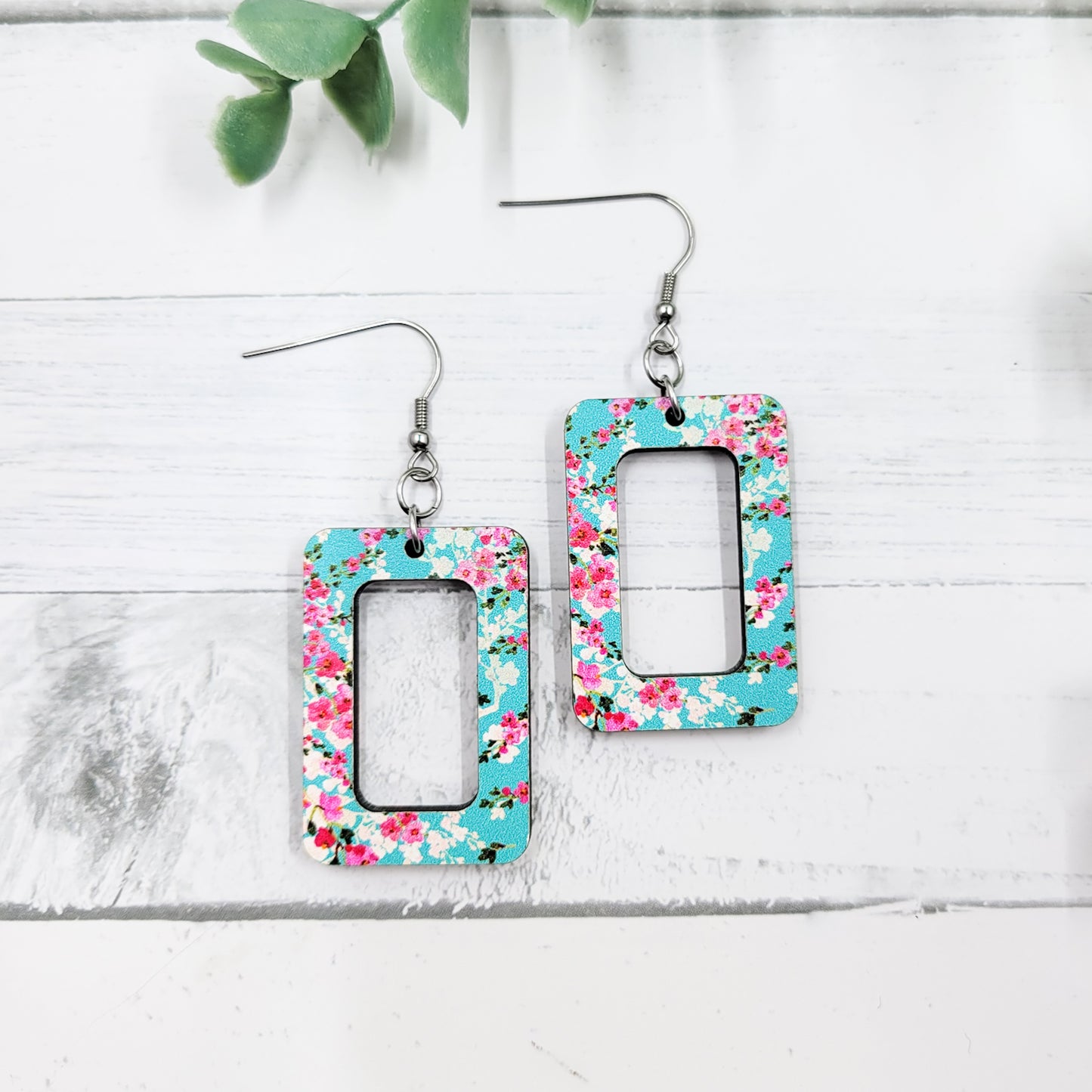 Cherry Blossoms Open Rectangle Wooden Dangle Earrings