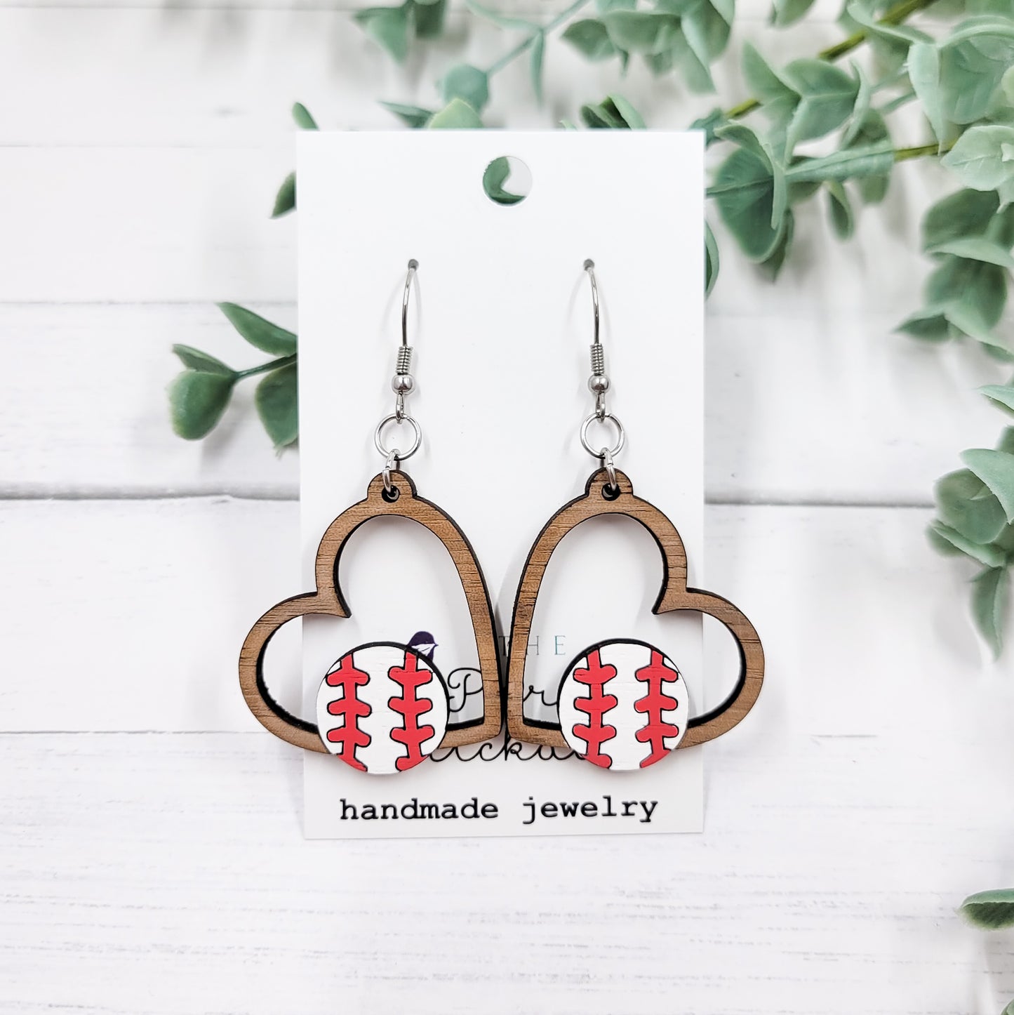 Baseball Heart Wooden Dangle Earrings