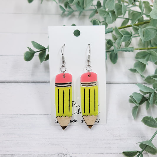 Yellow Pencil Acrylic Dangle Earrings