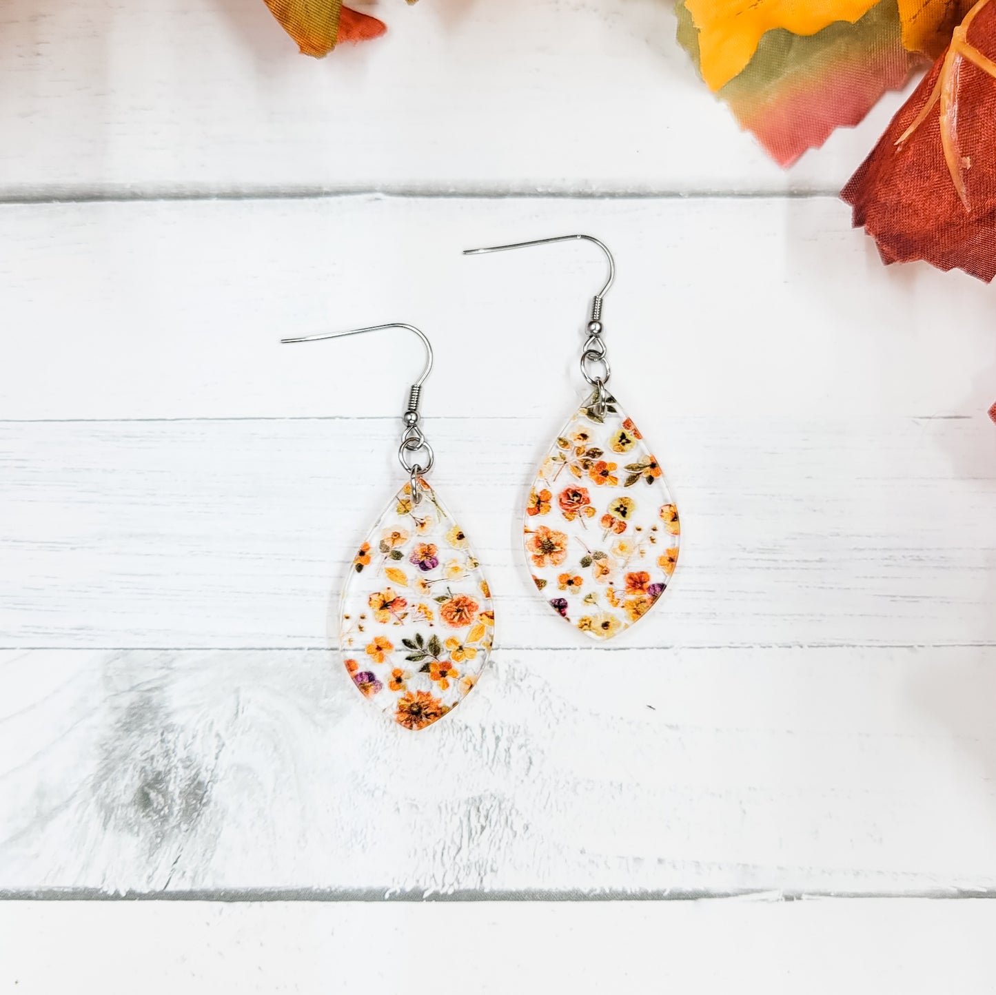 Autumn Pressed Floral Acrylic Pointed Teardrop Dangle Earrings