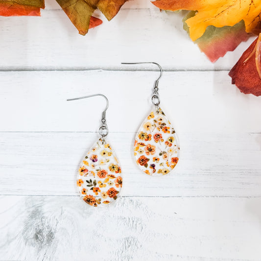 Autumn Pressed Floral Acrylic Teardrop Dangle Earrings