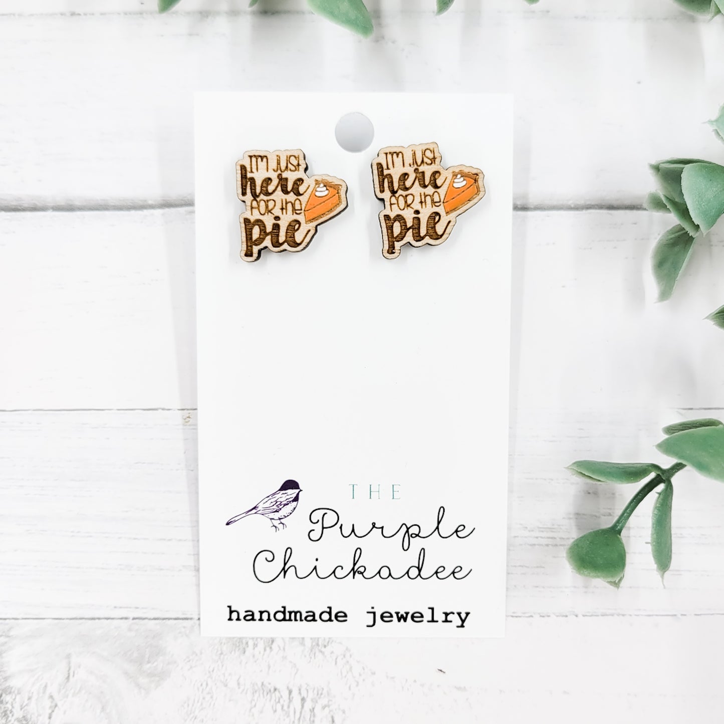 Here For The Pie Handpainted Wooden Stud Earrings